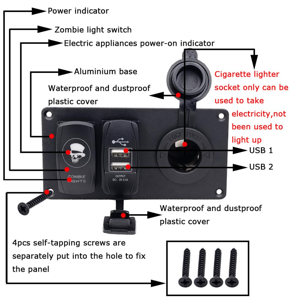 Power Socket +5 Pin Rocker Switch+Dual USB Charger Panel for 12V/24V Vehicles