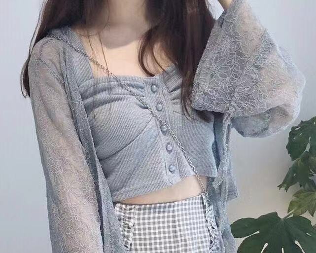 Áo Khoác Ren Mỏng Cột Nơ Tay Dài