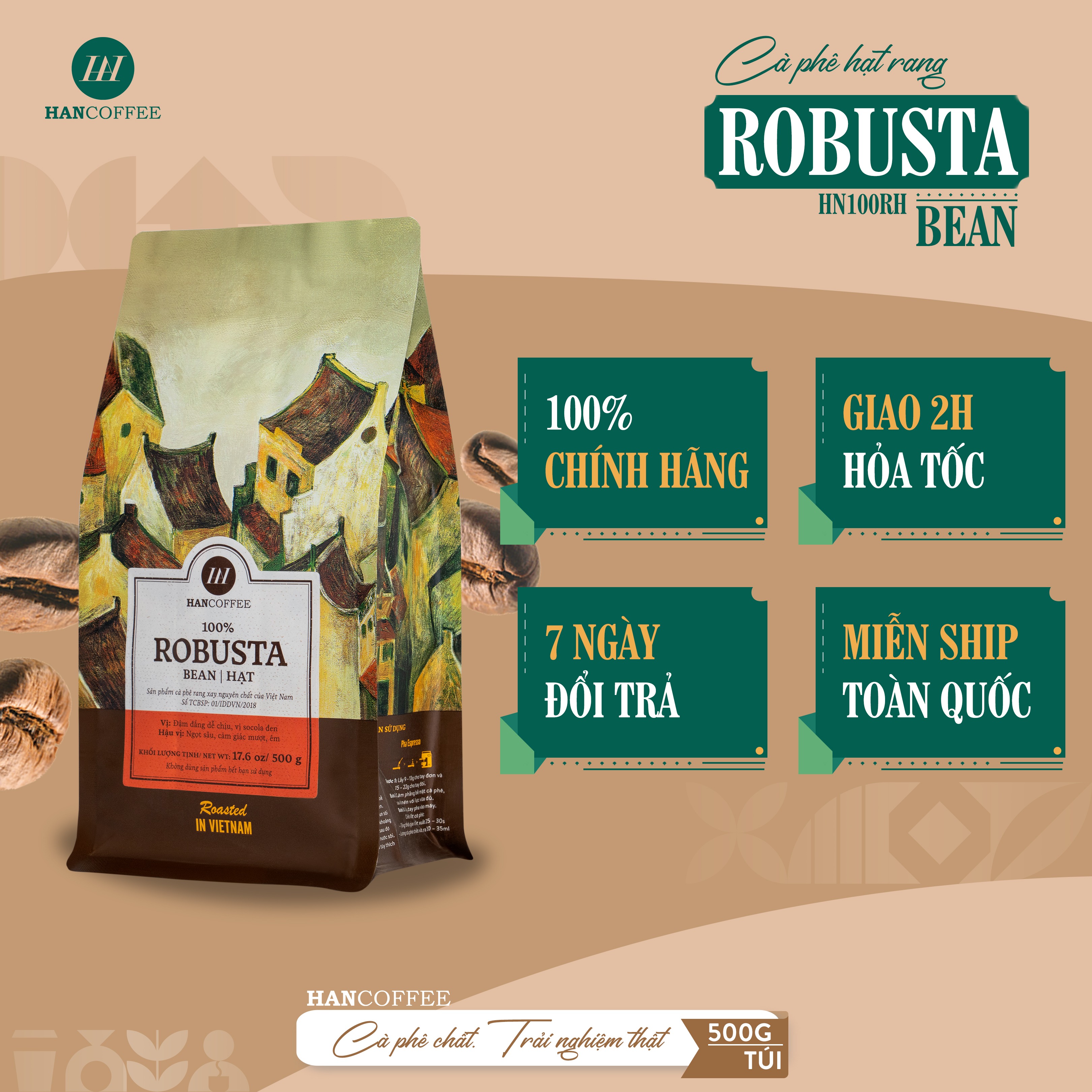 Cà Phê Robusta - Cafe Rang Mộc 100% HANCOFFEE Đắng Vừa, Hậu Ngọt, Dễ Uống Nguyên Hạt - HN100RH