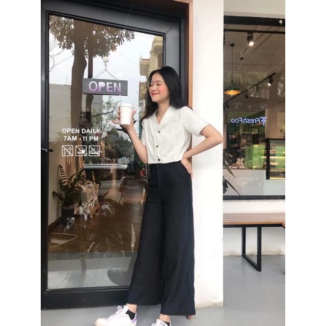 Quần tây nữ ống rộng khóa trước đứng dáng
