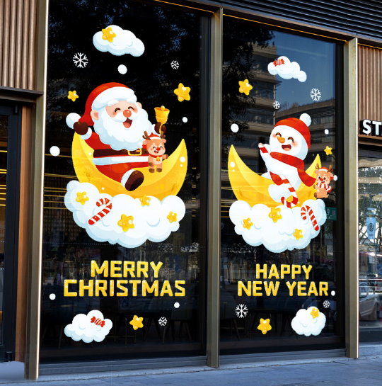 Decal trang trí Noel - Người tuyết và ông già Noel cưỡi mây