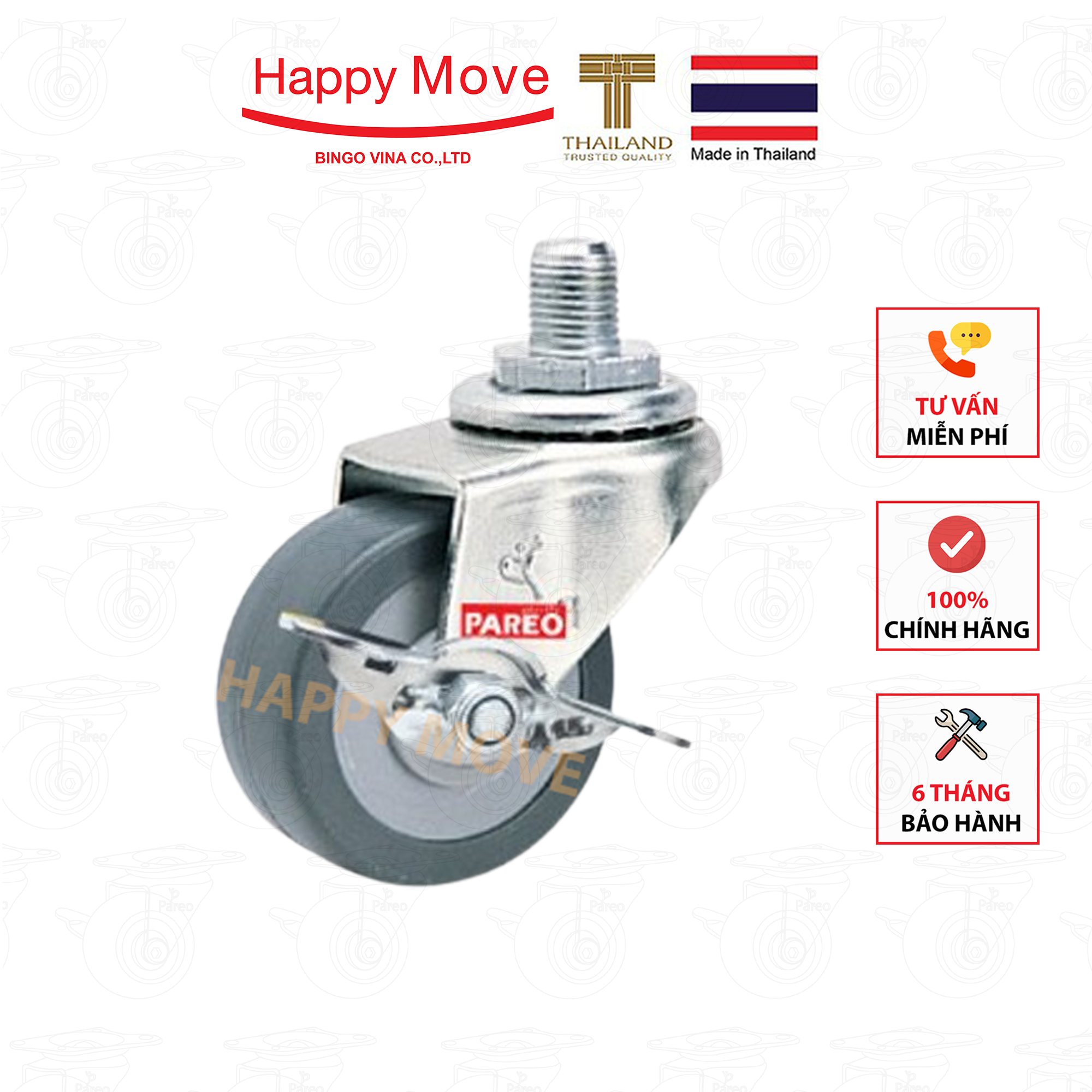 Bánh xe đẩy cao su tổng hợp xám tải nhẹ cọc vít xoay khóa - 50-65-75mm - Happy Move Thái Lan