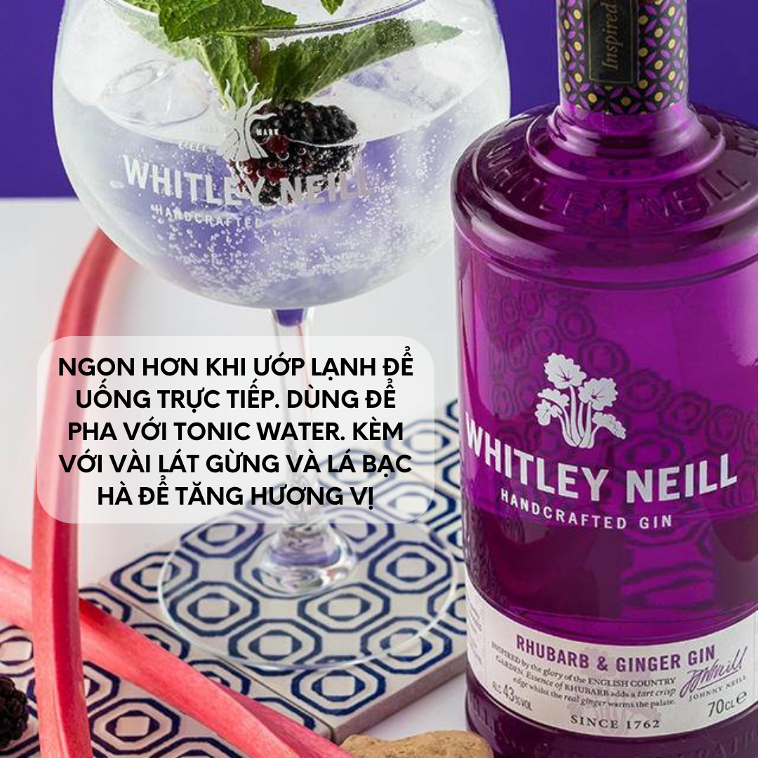 Rượu Whitley Neill Handcrafted Rhubarb & Ginger Gin 43%  - Không hộp