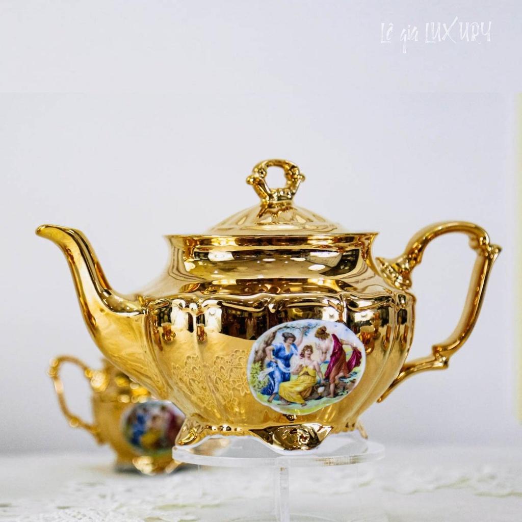 Bộ ấm chén trà mạ vàng TÂN CỔ ĐIỂN cao cấp Sang trọng, Gốm Sứ Tiệp Khắc, Ấm chén cao cấp mạ vàng 24K ACT3, Bộ ấm chén châu Âu