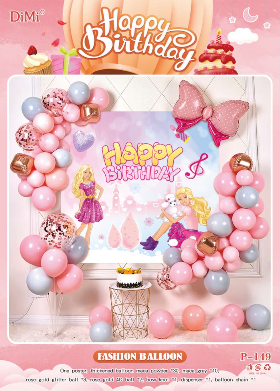 Set trang trí sinh nhật thôi nôi mẫu poster hình 2 cô gái tóc vàng và bong bóng nơ kèm ống bơm tay - Happy Birthday