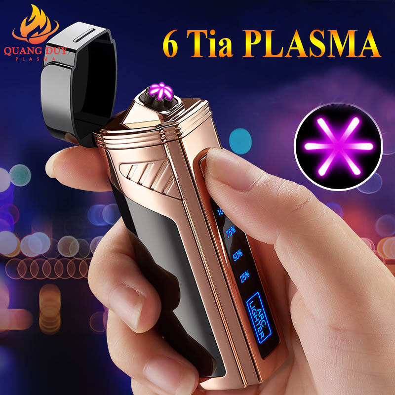 Bật Lửa Điện 6 Tia Plasma Hình Trụ Cứng Cáp Kèm Đèn Led Hiển Thị Pin Cao Cấp