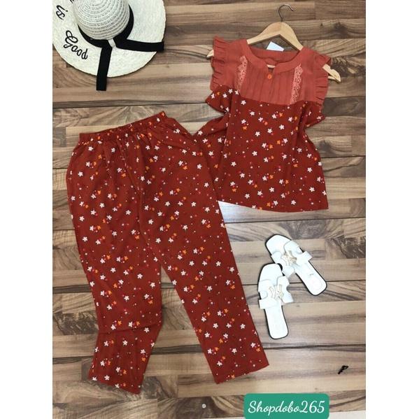 Đồ bộ nữ,đồ ngủ mặc nhà lửng 9 tấc vải lụa phối tằm ý hoạ tiết hoa dễ thương size 45-57kg.
