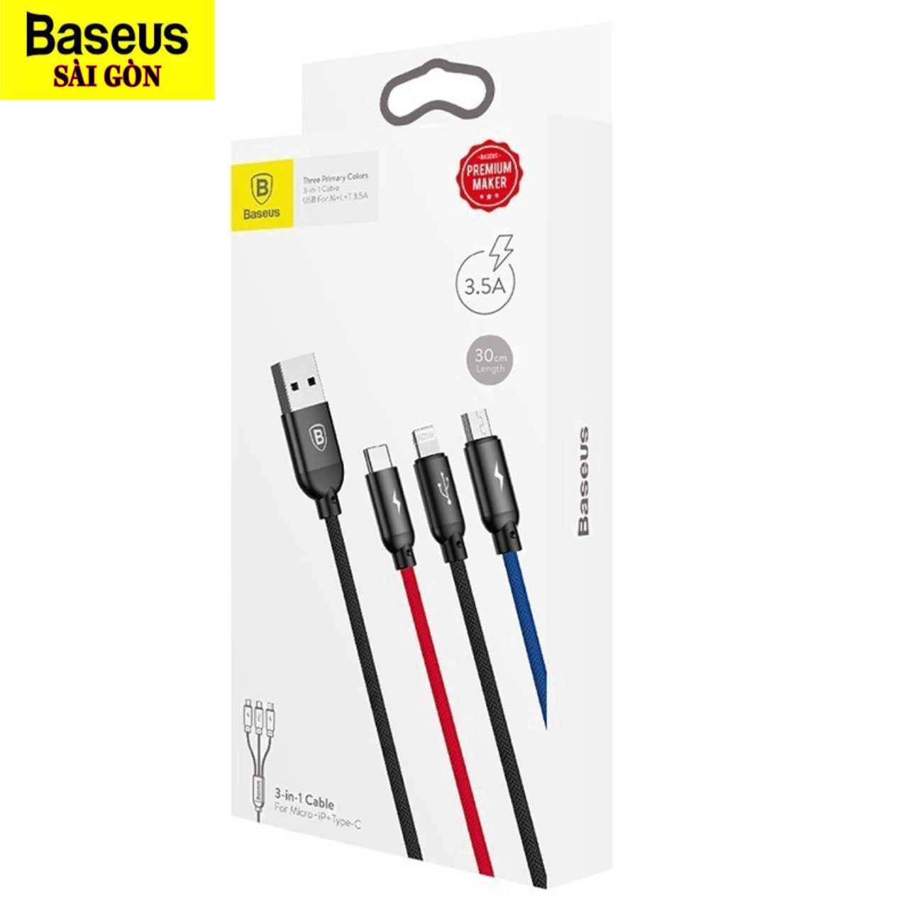 Cáp sạc 3 đầu và truyền dữ liệu tốc độ cao Baseus Three Primary Colors 3 in 1 cable CAMLT-BSY (USB to Type C/ Micro/ Light-ning Fast Charging Cable, 3.5A)- Hàng chính hãng