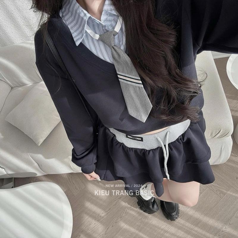 Set nỉ Miu kèm cà vạt siu xinh BY JOLIE - Ghi