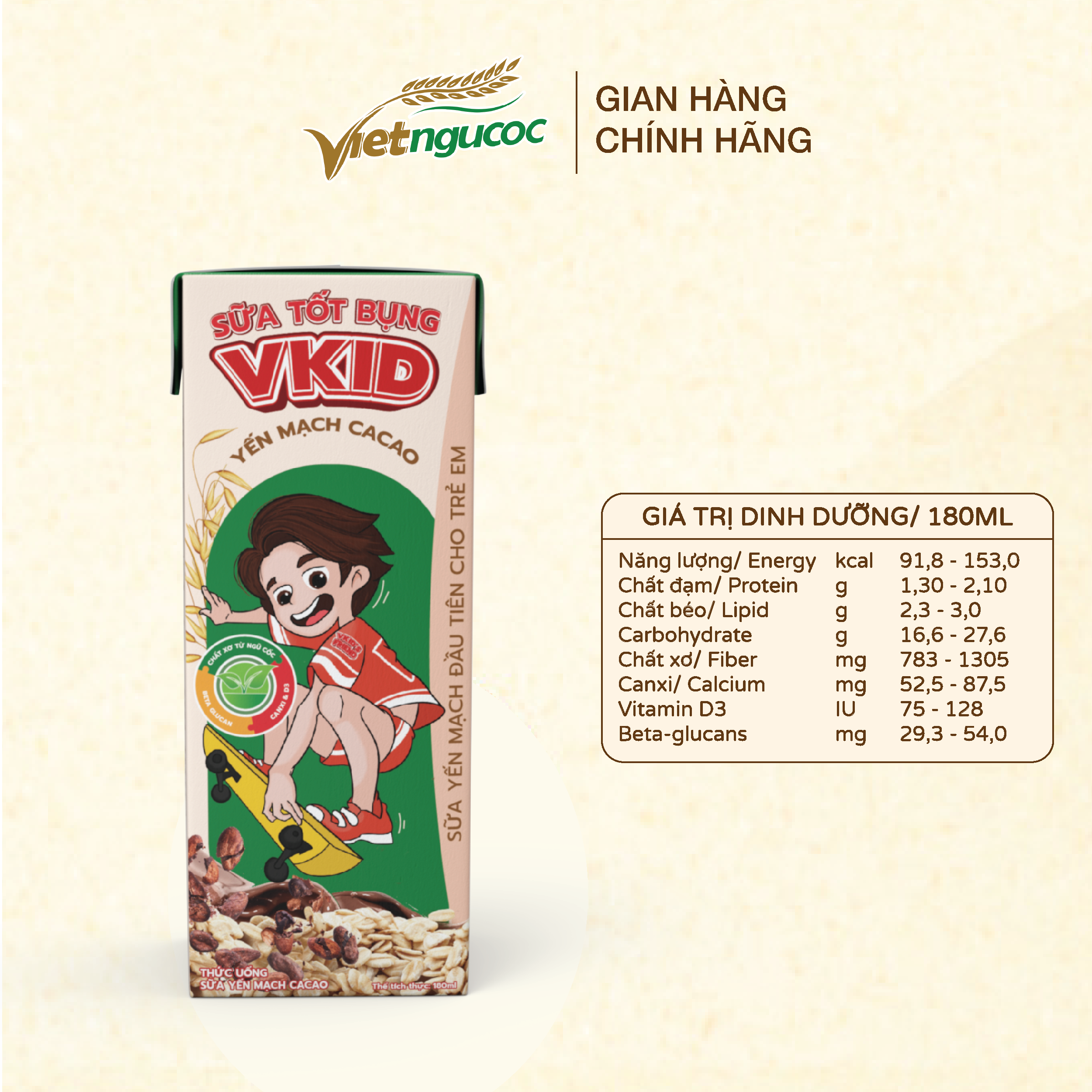 Lốc 4 Hộp Sữa Yến Mạch Vkid VIỆT NGŨ CỐC Cho Bé Thơm Ngon Hương Vị Cacao 180ml/Hộp