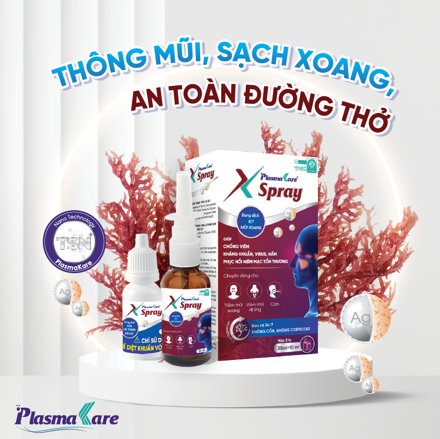 Dung dịch xịt mũi xoang nano bạc PlasmaKare X - Spray chuyên cho viêm xoang cấp và mạn tính, viêm mũi dị ứng, giảm hoặc mất khứu giác