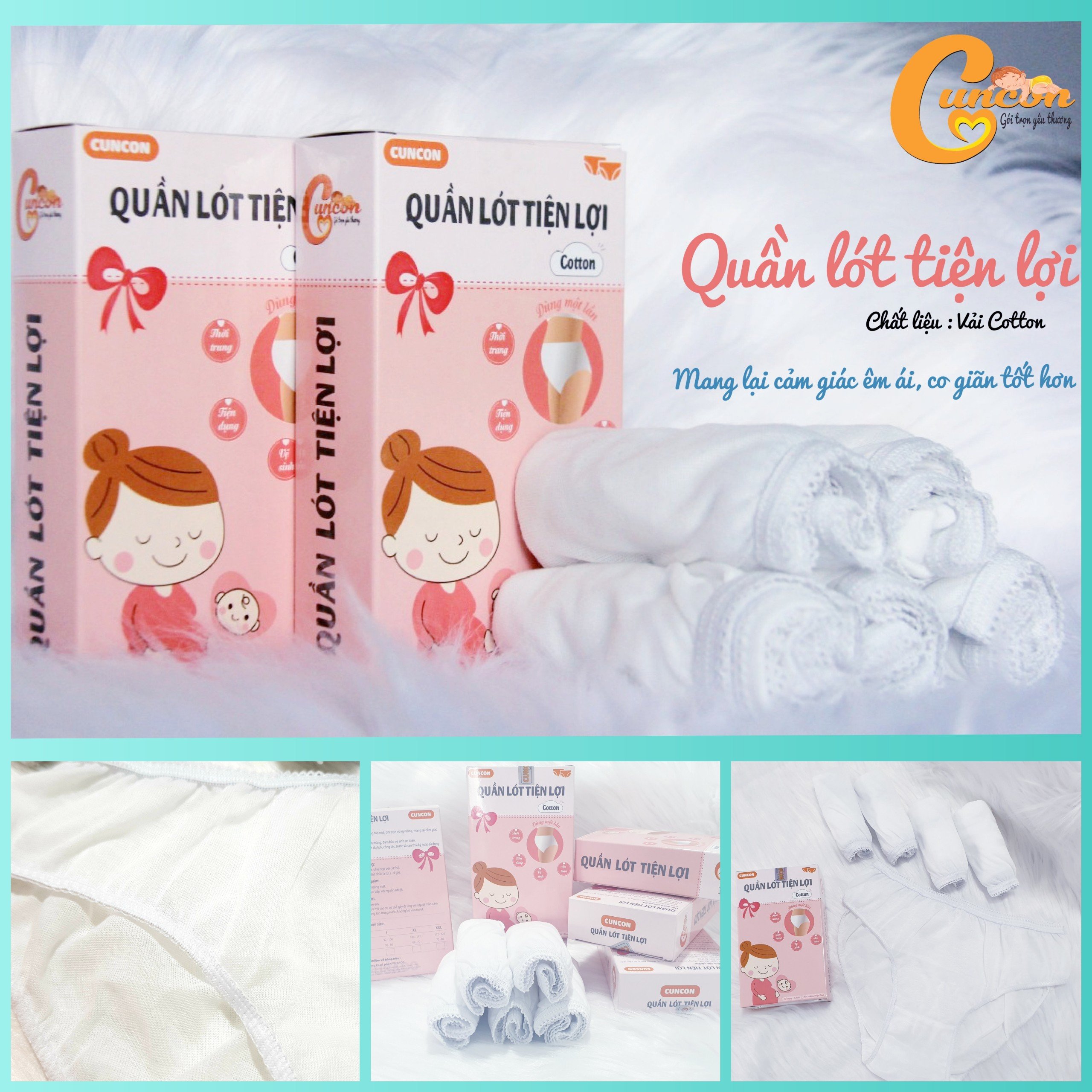 Hộp 5 cái Quần Lót Tiện Lợi CUNCON Cotton cho mẹ bầu, mẹ đi sinh | Vệ sinh, mềm mại, thoáng mát, co giãn thoải mái, không đổ lông