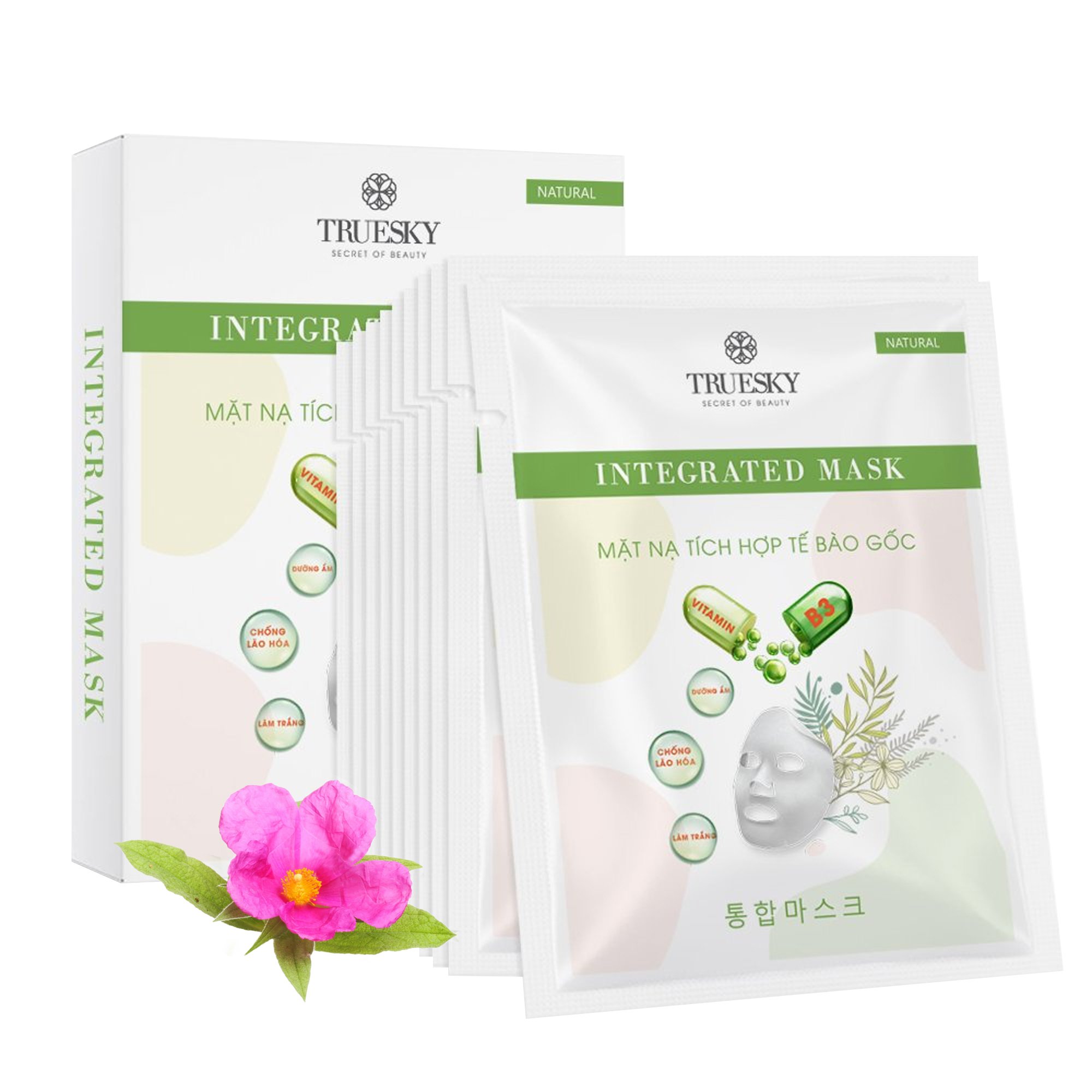 Hộp 10 miếng mặt nạ dưỡng trắng và ngừa lão hoá Truesky Integrated Mask chiết xuất hoa hồng đá 25g/miếng