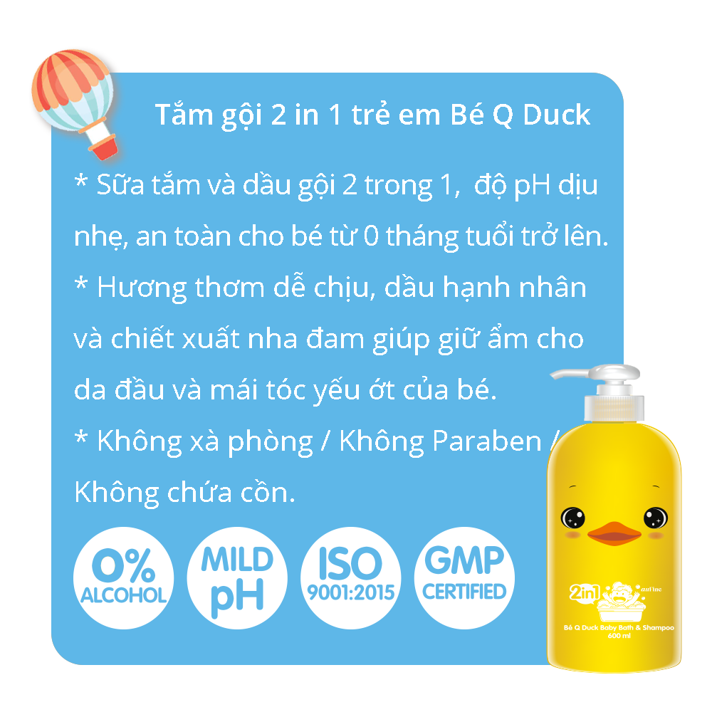 auFine Bé Q Duck Tắm Gội 2 in 1 Trẻ Em 600ml