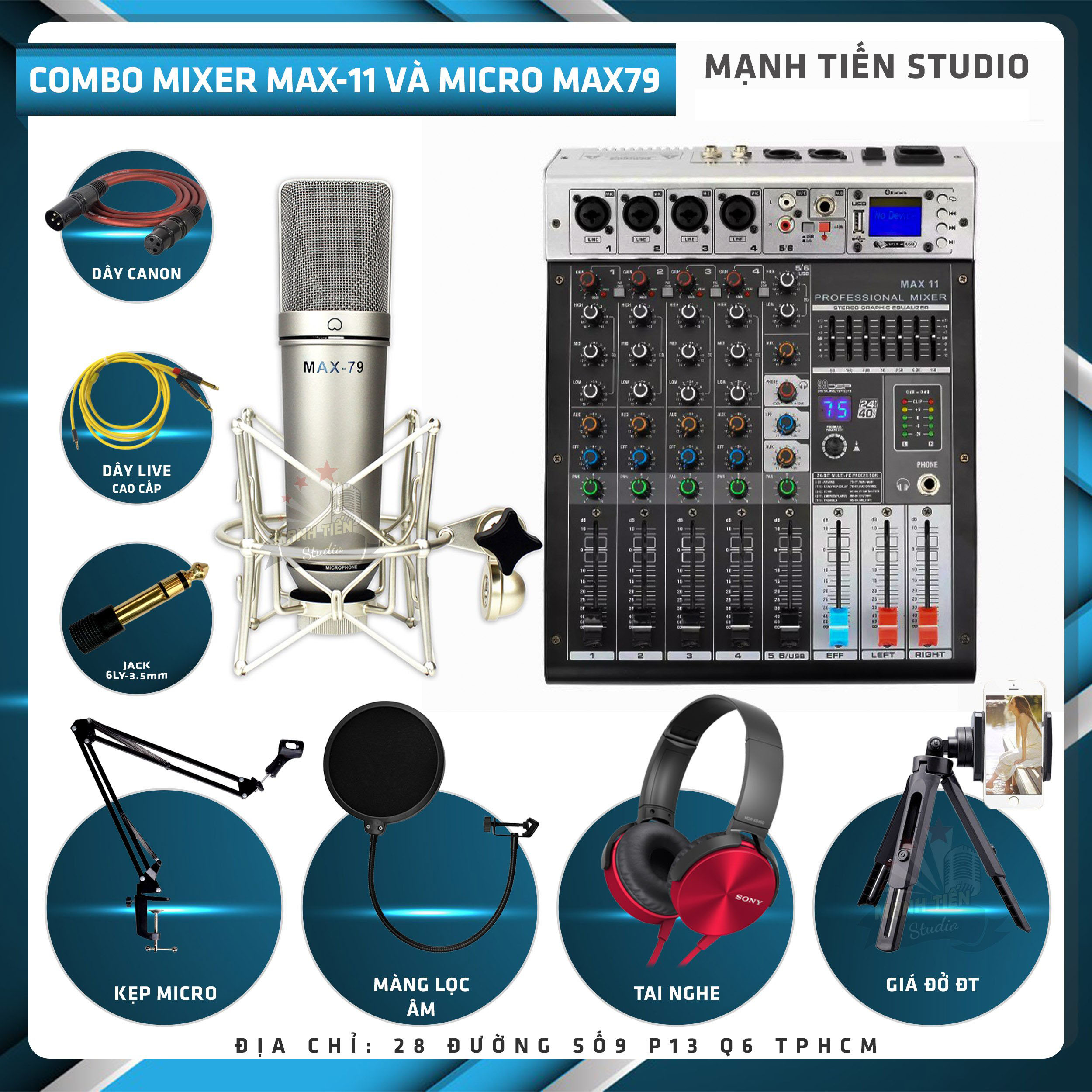 Combo thu âm, livestream Micro Max 79, Mixer Max 11 - Kèm full phụ kiện kẹp micro, màng lọc, tai nghe, dây canon, dây livestream, giá đỡ ĐT - Hỗ trợ thu âm, karaoke online chuyên nghiệp - Hàng nhập khẩu
