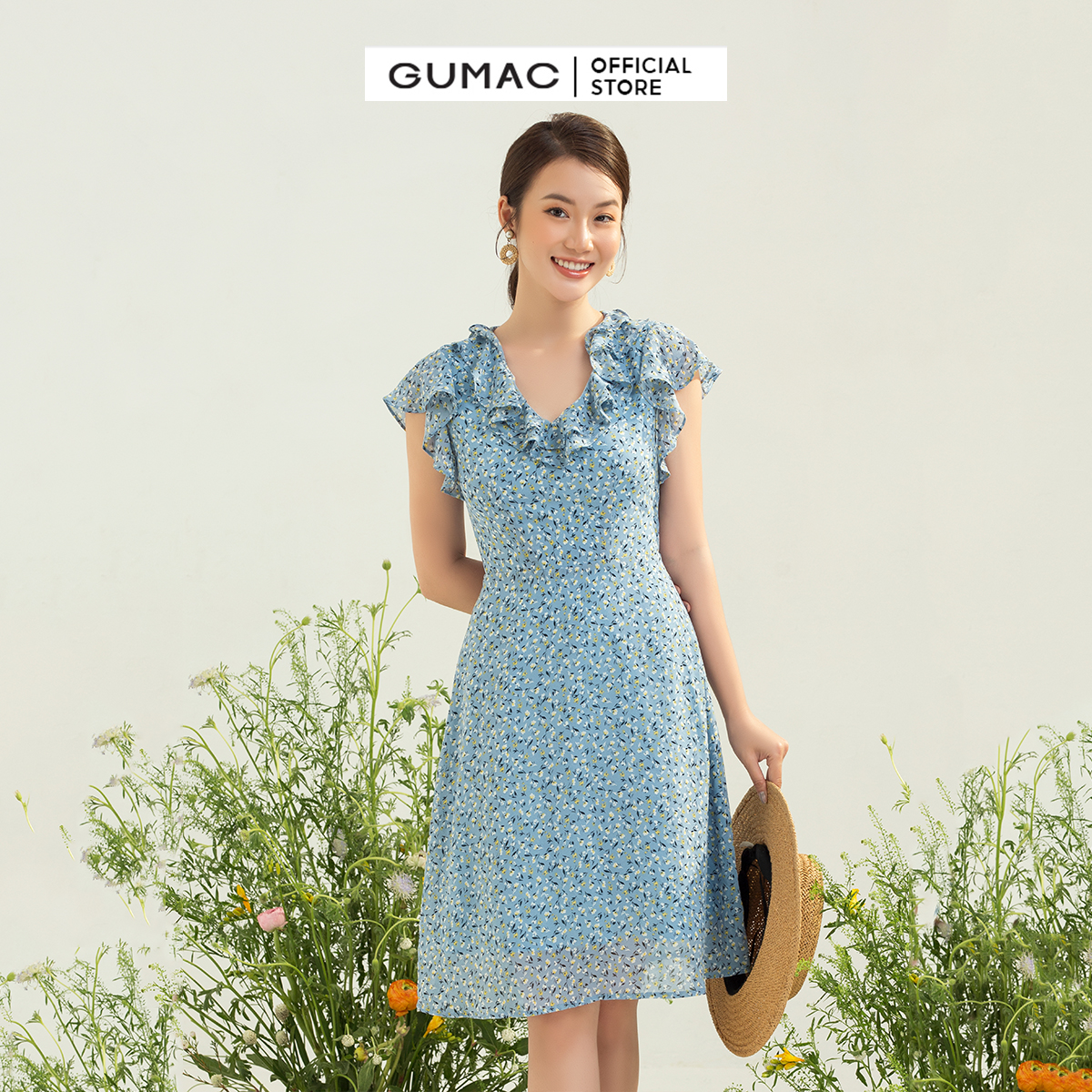 Đầm phối bèo GUMAC DC04032 form A tay loe