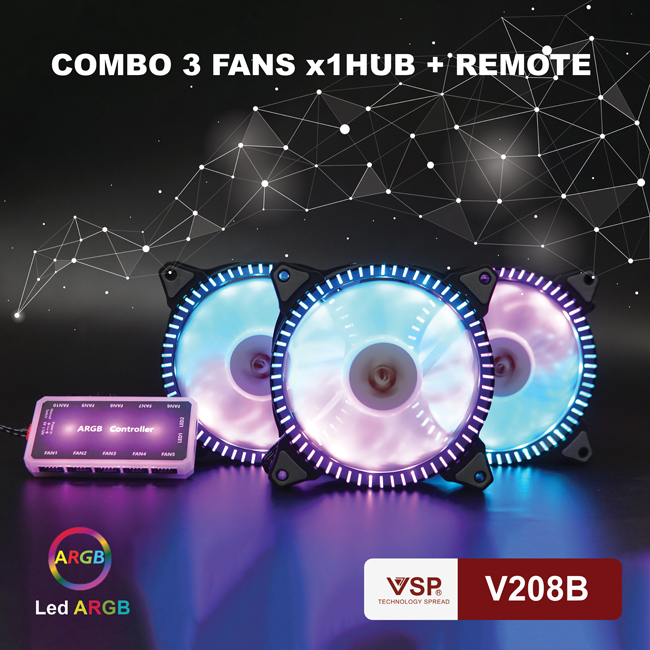 Bộ 3 Fan VSP V208B LED RGB tặng Hub và remote - Hàng chính hãng