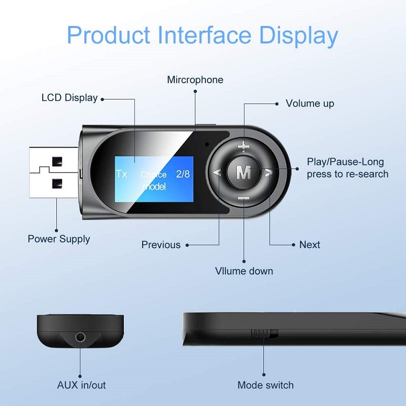 Bộ Thu Phát Không Dây 2 In 1 Bluetooth 5.0 Màn Hình LCD T-013