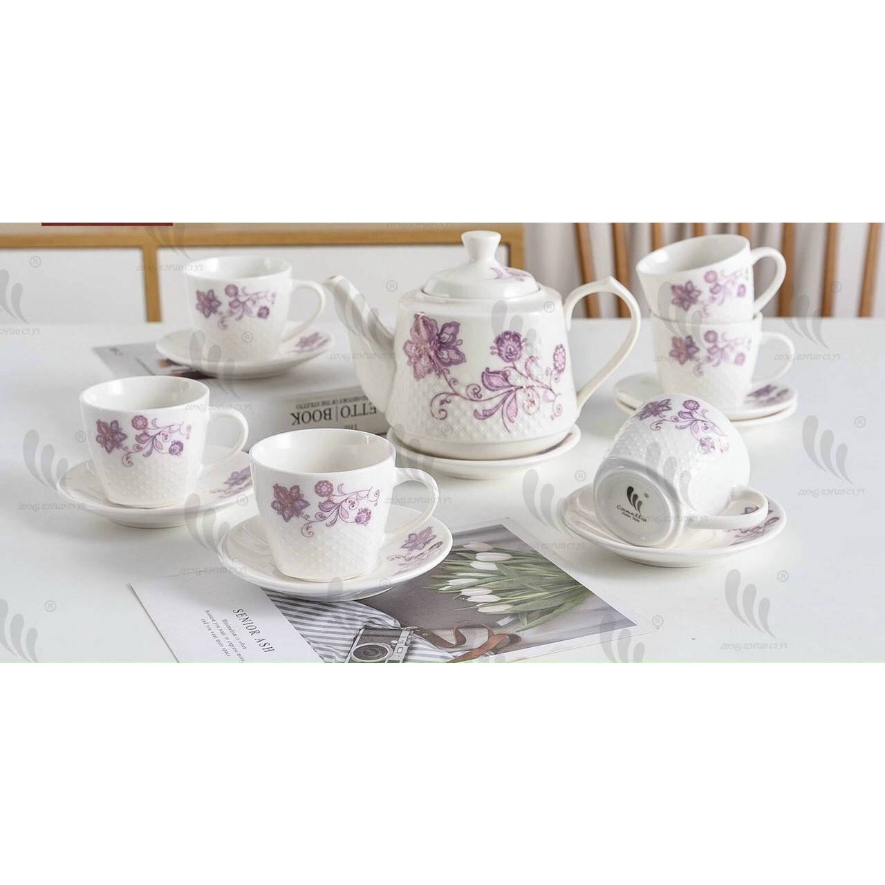 Bộ ấm chén pha trà sứ camelia kèm 7 đĩa lót tách - ANTH465