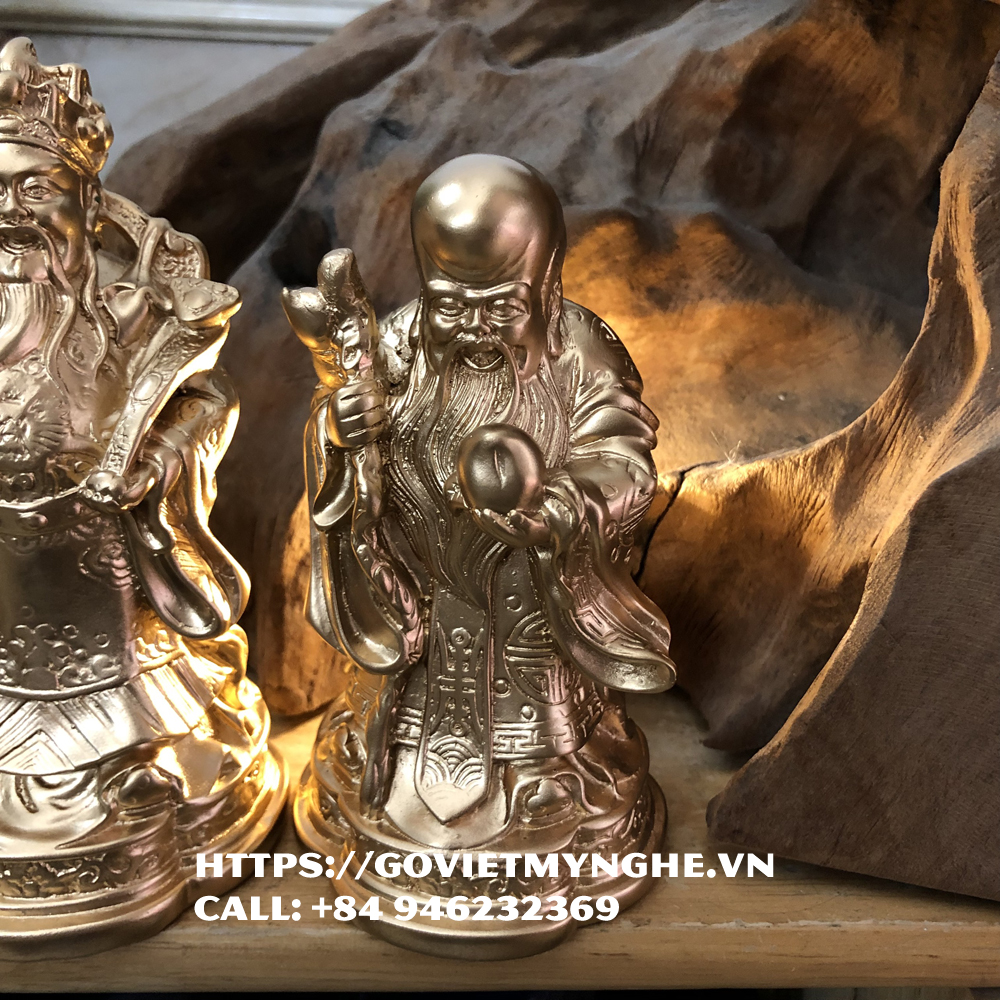 Hình ảnh Tượng đá trang trí phong thủy tượng đá bộ ba ông Phúc Lộc Thọ - Chiều cao 14cm - Màu nhũ đồng