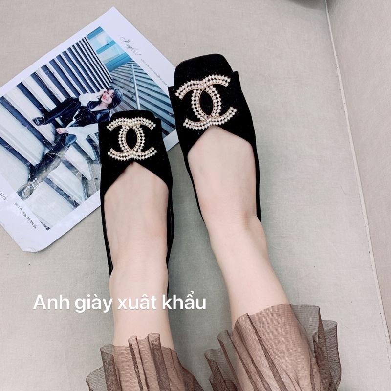 GB47 - Giày bệt mũi vuông da lì nơ đá chữ X đế mềm, dẻo