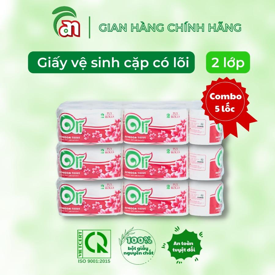 Combo 5 lốc Giấy vệ sinh cuộn nhỏ có lõi đóng cặp cao cấp, không bụi ORI 2 lớp 5 cặp/lốc - Thiên An Nam paper