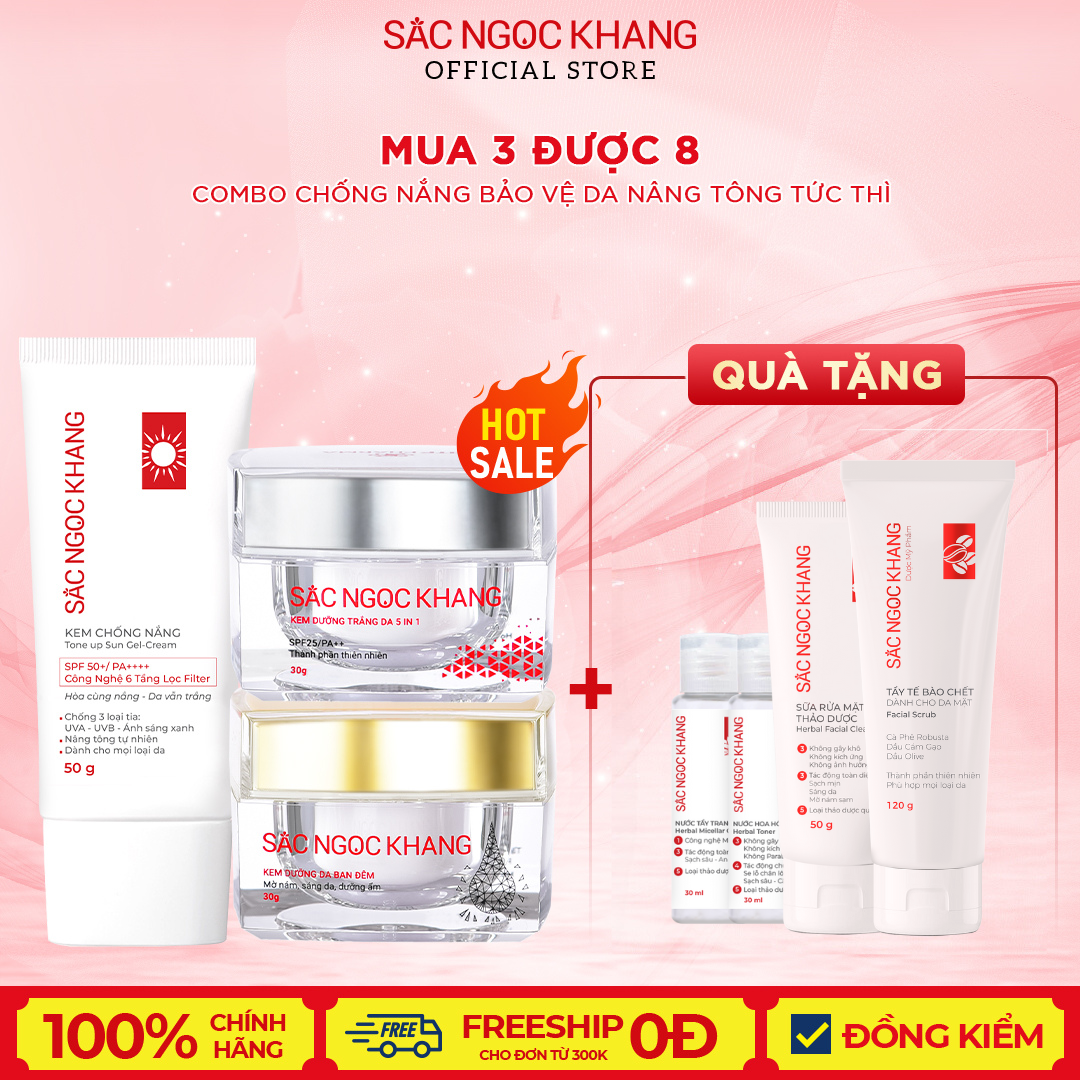 Combo Sắc Ngọc Khang 3 Món Mờ Nám - Nâng Tông - Bảo Vệ Toàn Diện Kem Ngày 30g + Kem Đêm 30g + Kem Chống Nắng Sa Mạc 50g