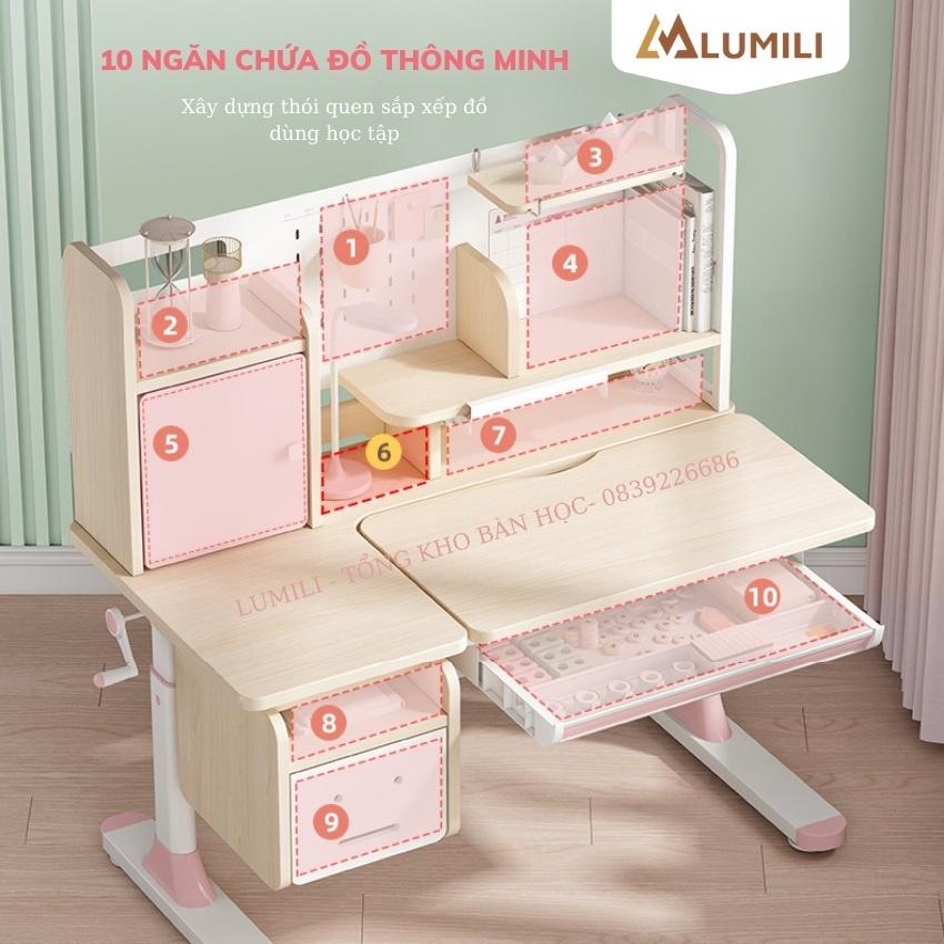 Bàn học cho bé thông minh chống gù chống cận Lumili 310 cao cấp mặt gỗ tự nhiên