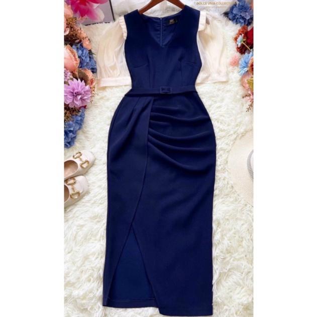 Đầm váy xéo nữ dự tiệc dạo phố kèm thắt lưng màu xanh đơn giản