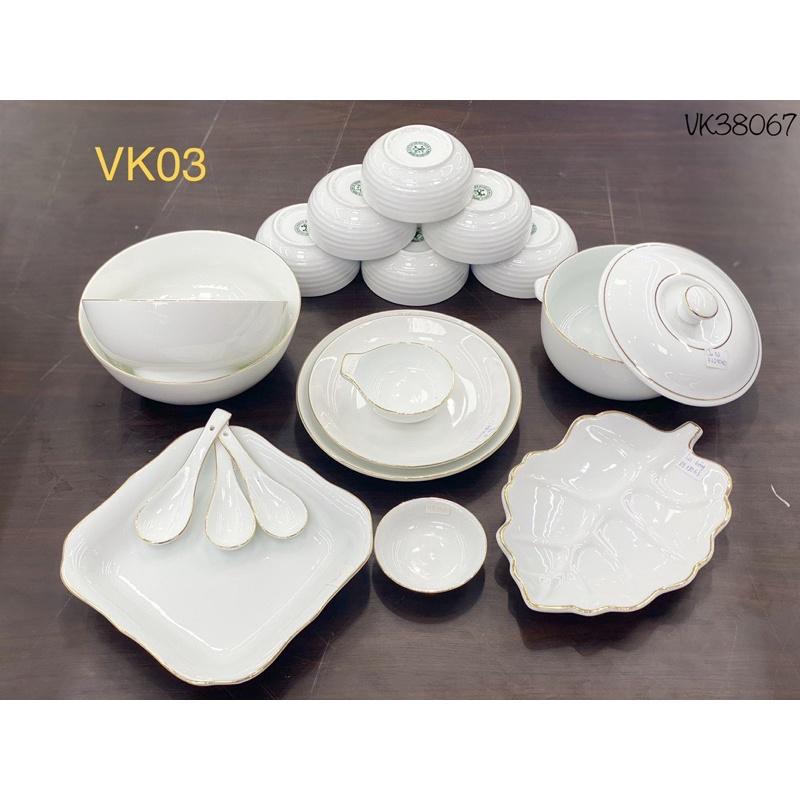 Bộ bát đĩa 15-17 món, men trắng ngọc, viền vẽ vàng kim. Gốm sứ Bát Tràng