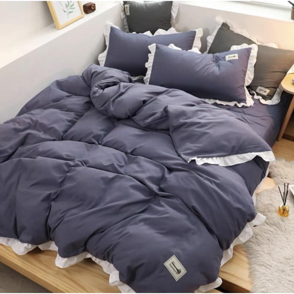 Sét 4 Món Chăn Ga Gối Cotton TC Viền Bèo Trắng Dài Pp3051
