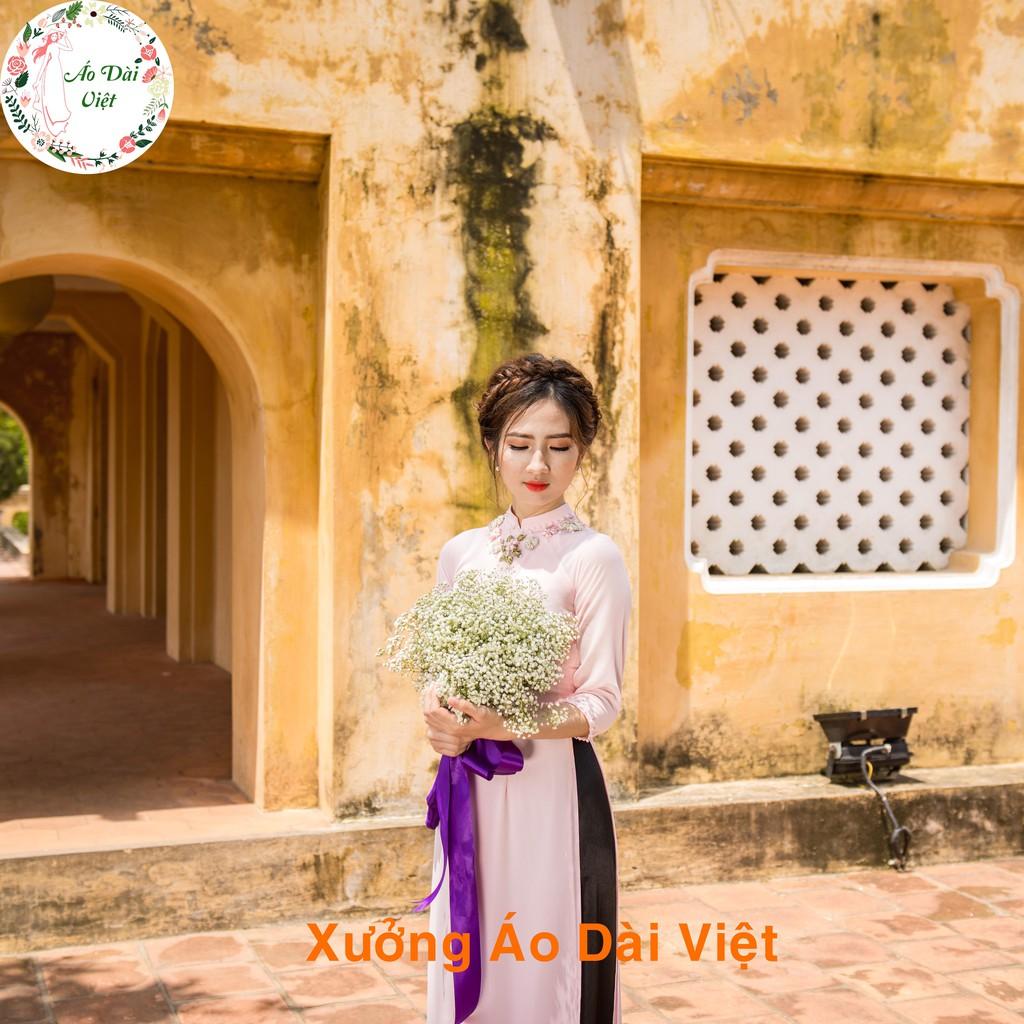 Áo Dài Hồng Đắp Hoa Ruy Băng - Áo Dài 4 Tà - Áo Dài Việt Hàng Lụa Chất Lượng