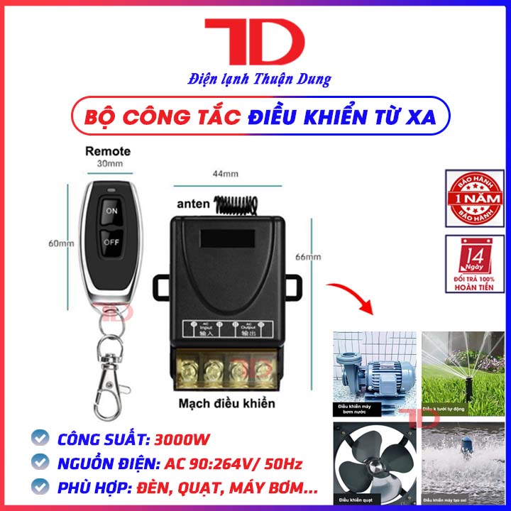 Bộ  công tắc điều khiển từ xa 100M xuyên tường công suất lớn 30A/3000w/110V-220V, Bộ điều khiển từ xa cho máy bơm máy rửa xe, công tắc hẹn giờ - Điện lạnh Thuận Dung