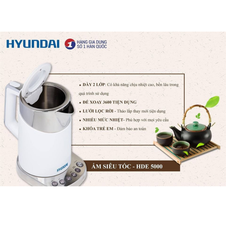 Ấm Đun Điện Siêu Tốc Hyundai HDE 5000 Dung Tích 1.7L Có Cài Đặt Nhiệt Độ, Đế Rời Xoay, Lưới Lọc Cặn - Hàng chính hãng Hyundai