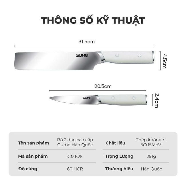 Bộ 2 dao nhà bếp thép không gỉ KOREA GMK25, hàng chính hãng