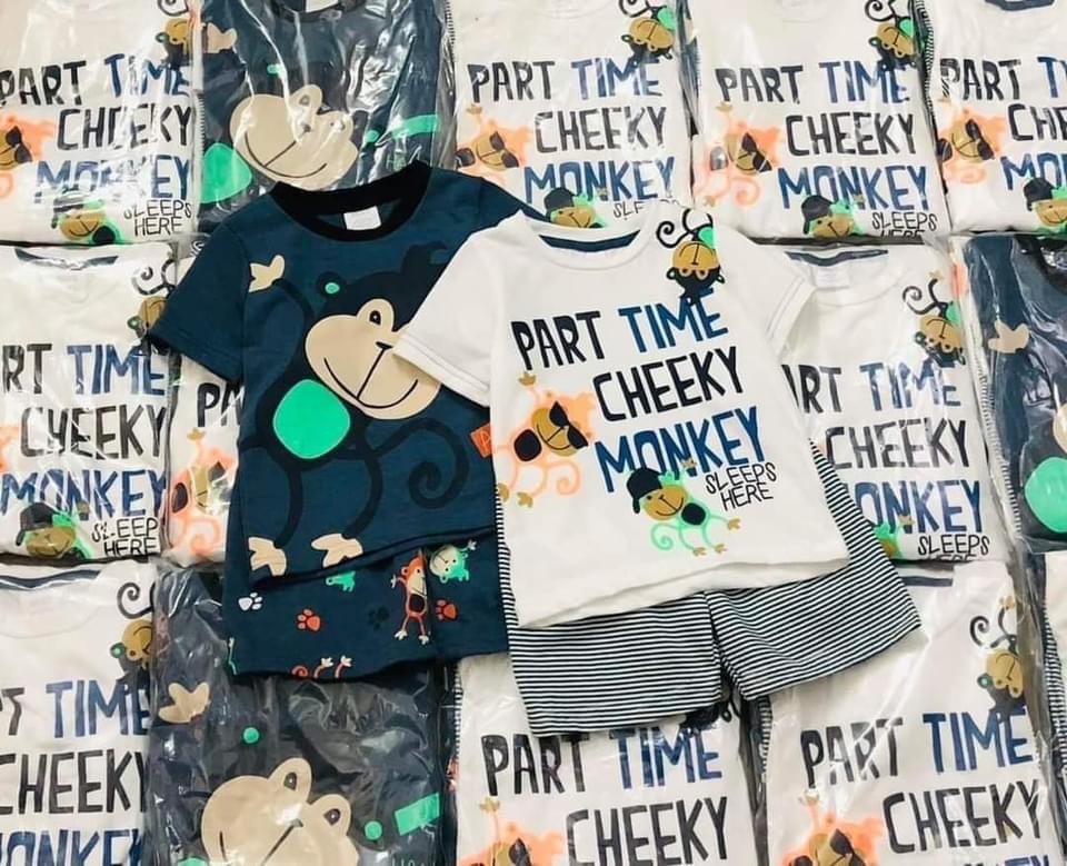 Set 2 bộ mặc nhà thun cổ tròn cộc tay mùa hè hoạ tiết monkey cho bé trai chất cotton
