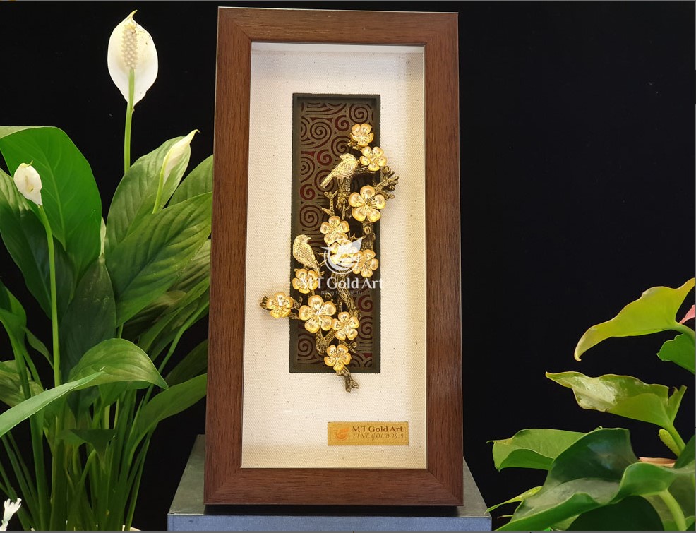 Tranh Hoa mai chim Én dát vàng (14x28cm) MT Gold Art- Hàng chính hãng, trang trí nhà cửa, phòng làm việc, quà tặng sếp, đối tác, khách hàng, tân gia, khai trương 