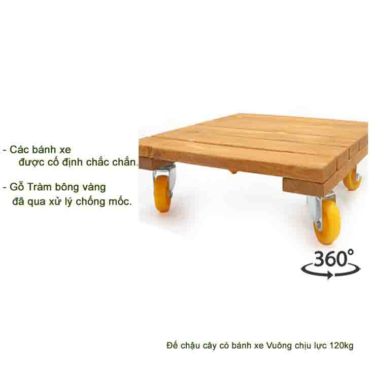 Đế lót chậu cây có bánh xe Vuông Greenhome chất lượng cao, bền và chắc chắn chịu lưc 120kg bằng Gỗ R30xC8cm