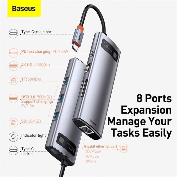 Hub chuyển đổi đa năng 8 trong 1 Baseus CAHUB-CV0G ( Type-C to HDMI/ USB3.0/ LAN / SD Card Reader/ Type C PD 100W, Multifunctional HUB) - Hàng Nhập Khẩu