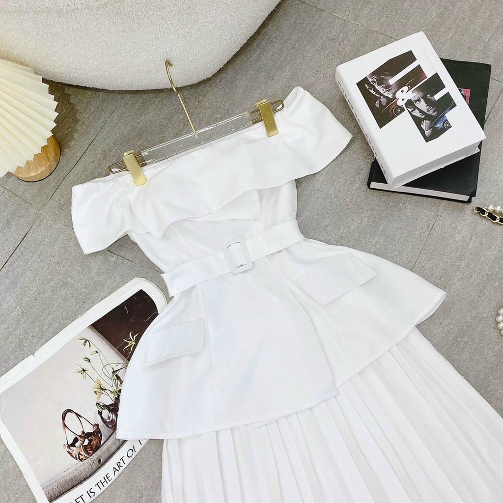 Set áo trắng bẹt vai cháo đắp tà chân vấy trắng midi dập ly mẫu chị thảo nhi shop