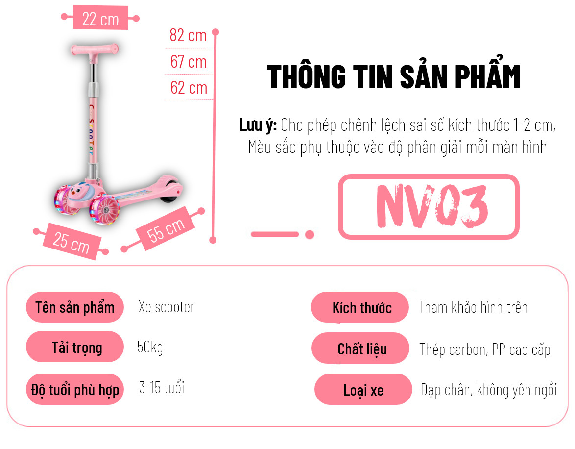 Xe Trượt Scooter Cho Bé - Có Đèn Led Phát Sáng - Phát Nhạc - Dành Cho Trẻ Em Từ 3 - 15 Tuổi, chất liệu nhựa PP thân thiện môi trường, gọn nhẹ, dễ dang mang theo