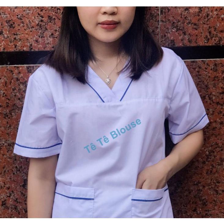 Bộ blu cổ tim có viền nam nữ cộc tay, bộ scrubs kỹ thuật viên cho điều dưỡng, dược sỹ, y tá, bác sĩ (có 3 màu lựa chọn