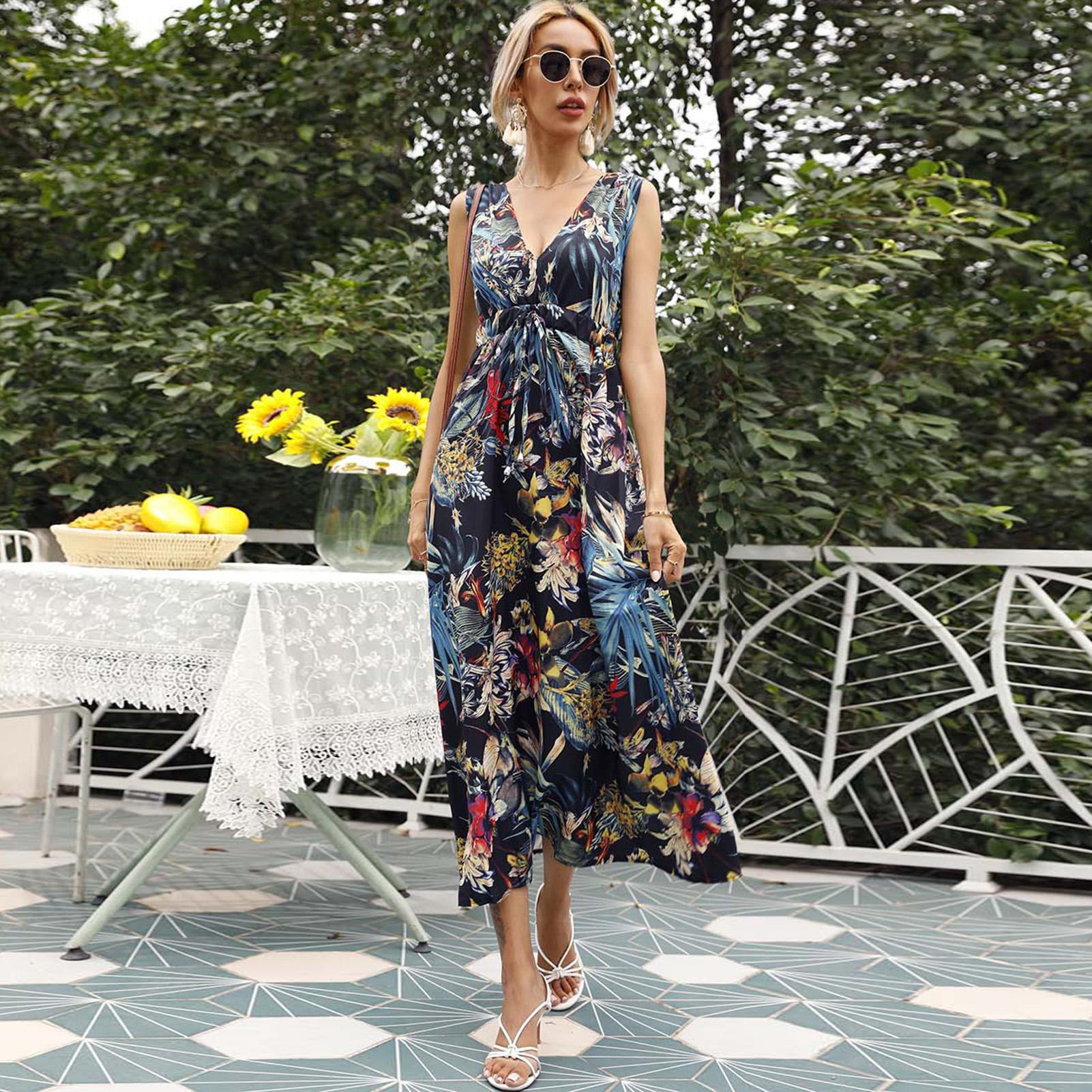 Women Dress Backless Floral Print Tie Waist Empire Dress V Neck Sleeveless Summer Long Maxi Dress