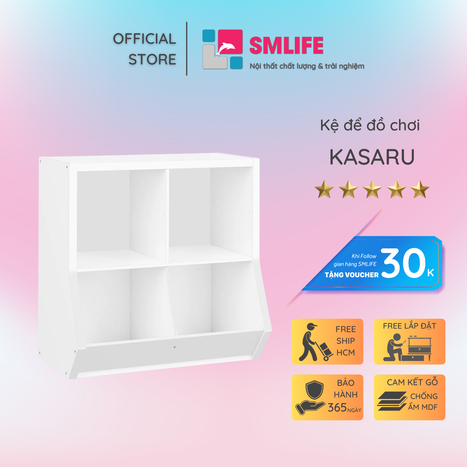 Kệ để đồ chơi cho bé SMLIFE Kasaru | Gỗ MDF dày 17mm chống ẩm | D75xR45xC75cm