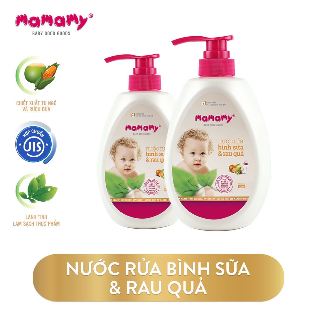 Combo 2 chai nước rửa bình sữa và rau quả an toàn cho bé Mamamy (600ml/ chai)