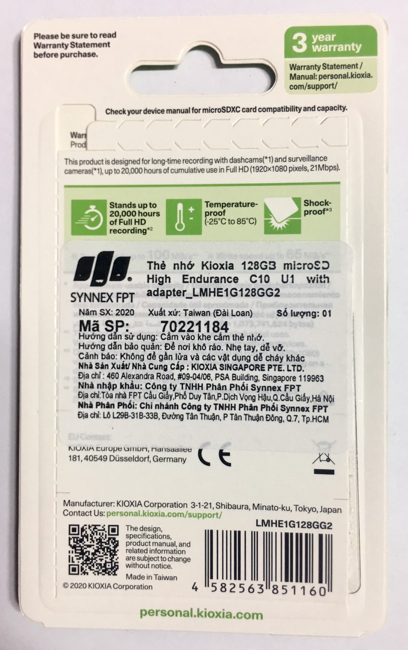 Thẻ nhớ MicroSD KIOXIA EXCERIA HIGH ENDURANCE - 128GB (Có Adapter) - Hàng Nhập Khẩu