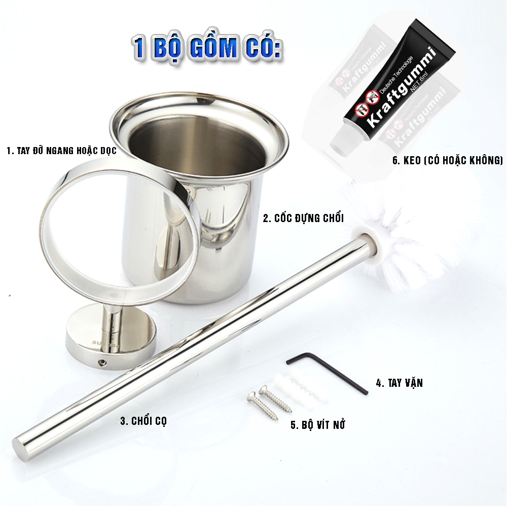 Bộ cốc chổi cọ bồn cầu, toilet nhà vệ sinh, sàn nhà treo tường, có giá đỡ bằng Inox 304 kháng khuẩn, không cần khoan, DAN HOUSE 3.11.11