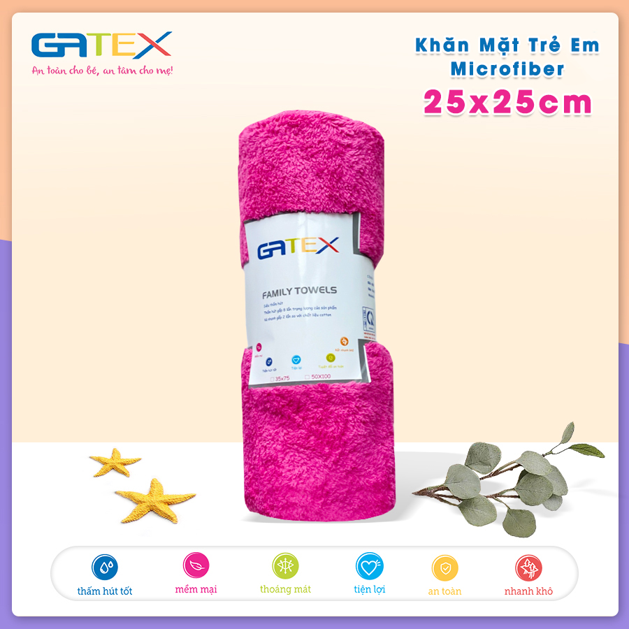 Set Combo Khăn Mặt Trẻ Em Microfiber 25x25cm GATEX Siêu Mềm Mịn, Siêu Thấm Hút