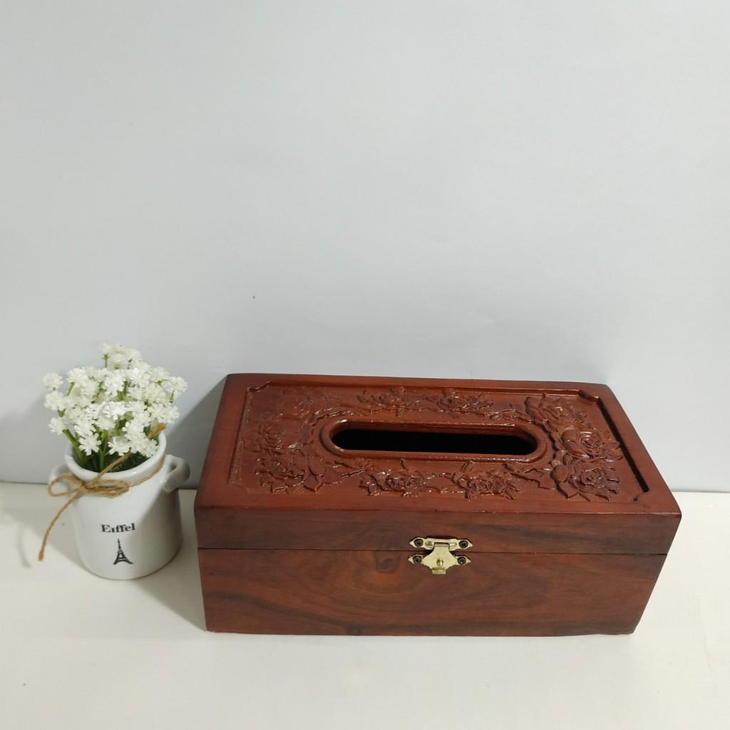 Hộp đựng giấy ăn GỖ HƯƠNG chạm khắc hoa hồng leo có viền
