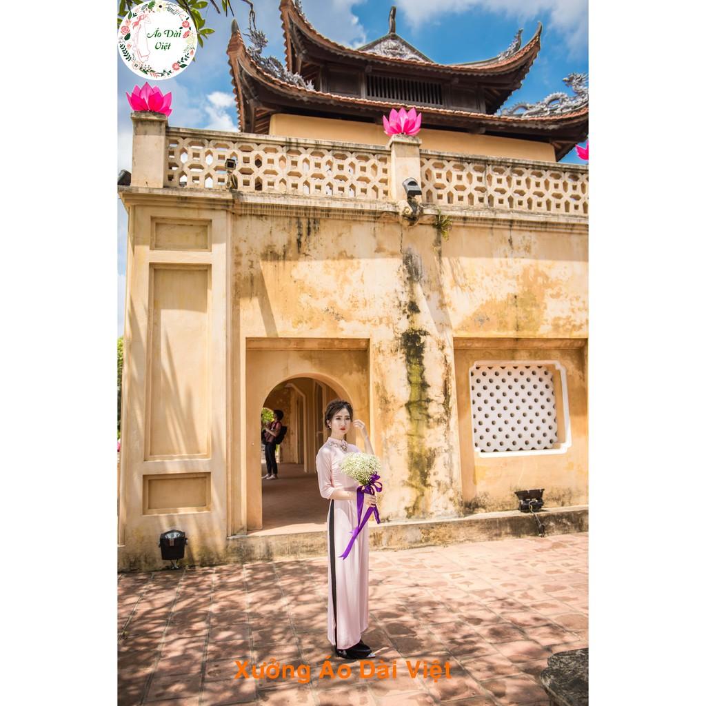 Áo Dài Hồng Đắp Hoa Ruy Băng - Áo Dài 4 Tà - Áo Dài Việt Hàng Lụa Chất Lượng